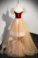 Elegant Burgundy Sparkling Sequin Square Neck Fluffy Short Sleeved Ball Dress, Burgundy Princess Sheer Backless Strap, Floor Length Layered Ruffle Edge Semi Formal Prom Dress